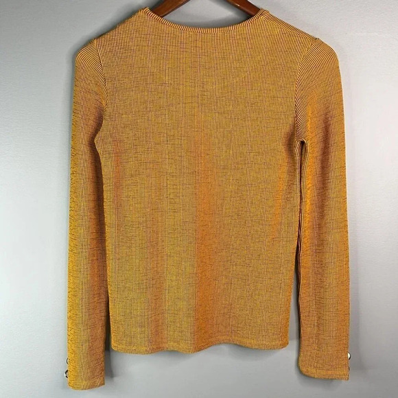 ZARA Ribbed Top Mustard Navy Ribbed Stretch Long Sleeve Textured Crew S - Picture 6 of 11